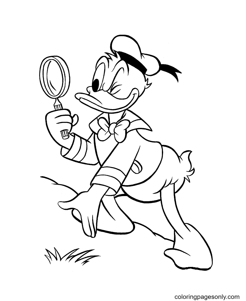 Donald Duck, der durch eine Lupe schaut, malt Seite