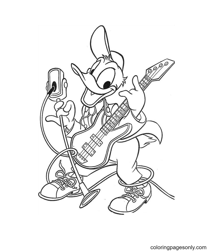 Donald Duck speelt gitaar kleurplaat