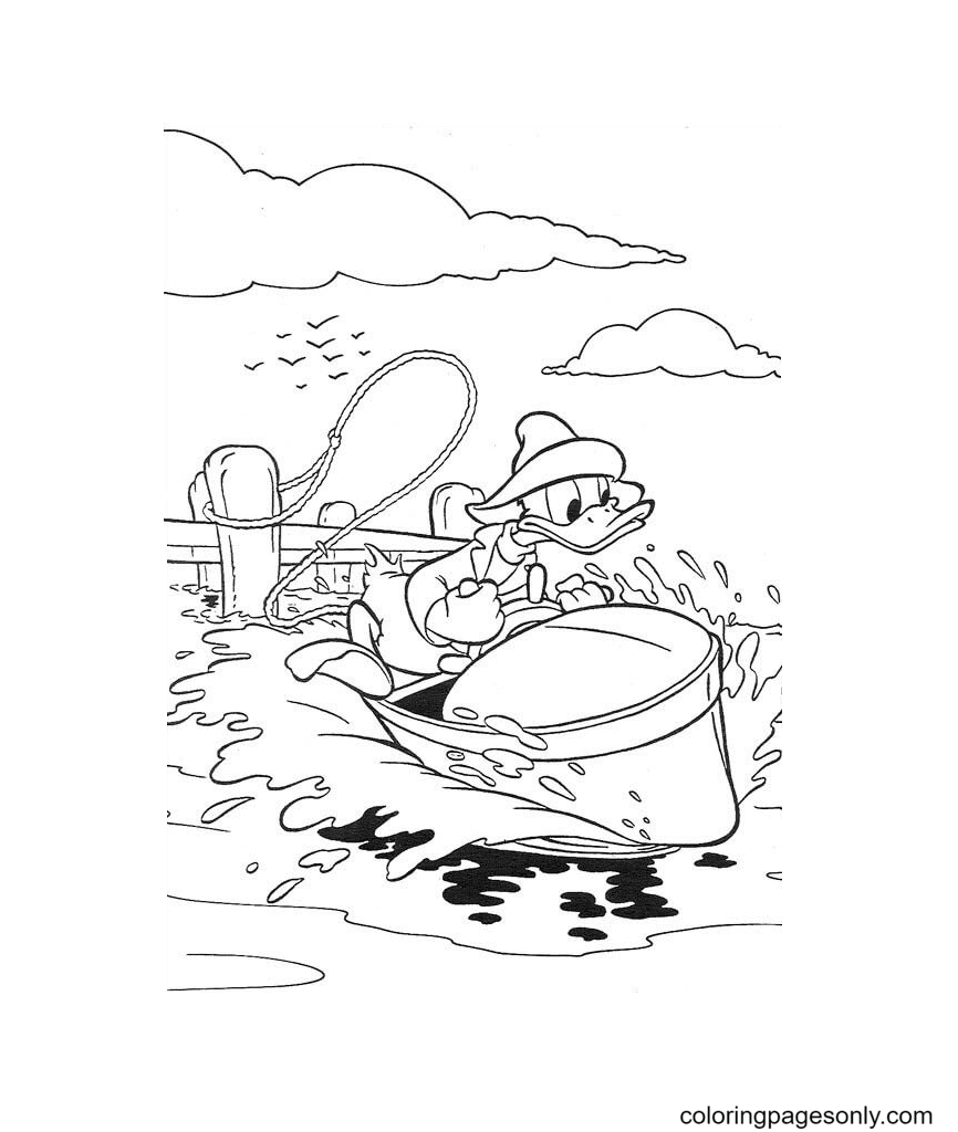 Ausmalbilder Donald Duck, der ein Boot reitet