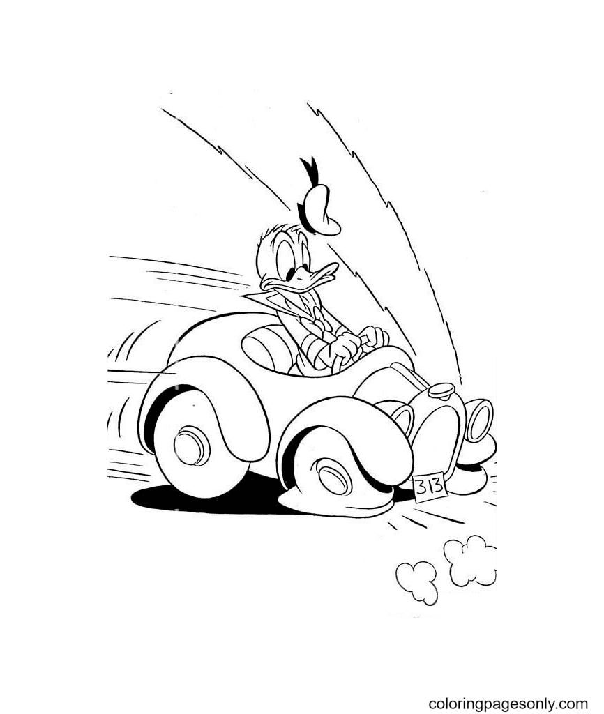 Donald Duck riding car Coloring Page