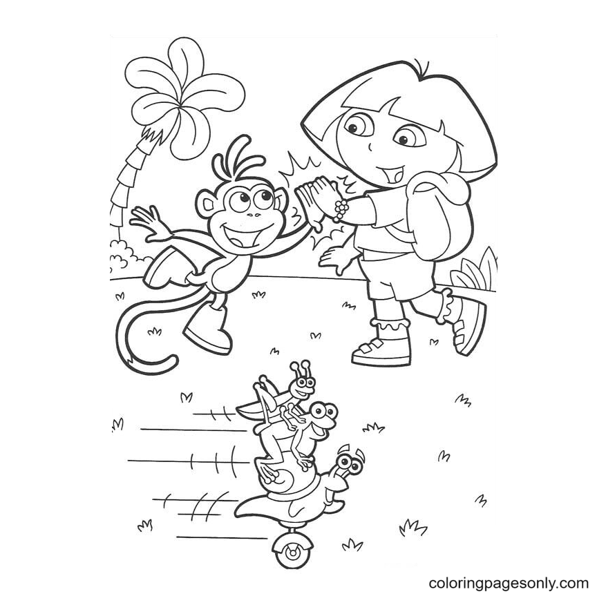 Dora high five with Monkey Boots Coloring Pages