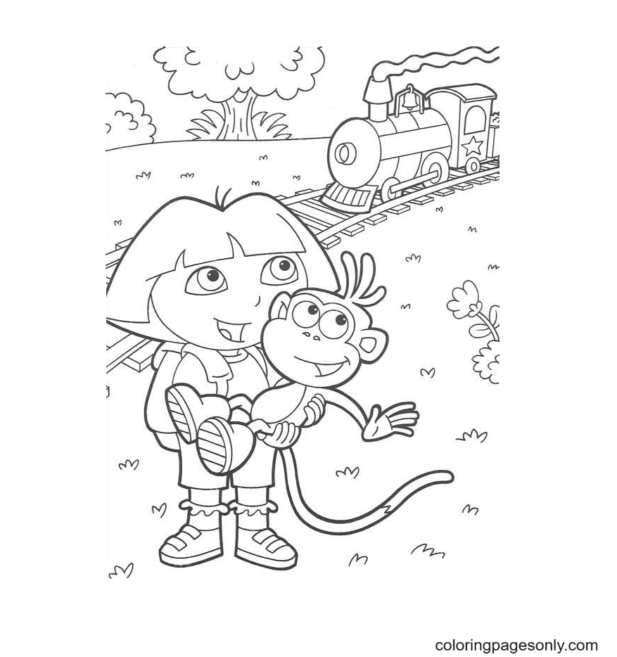 Dora will Travel With Boots on train Coloring Page