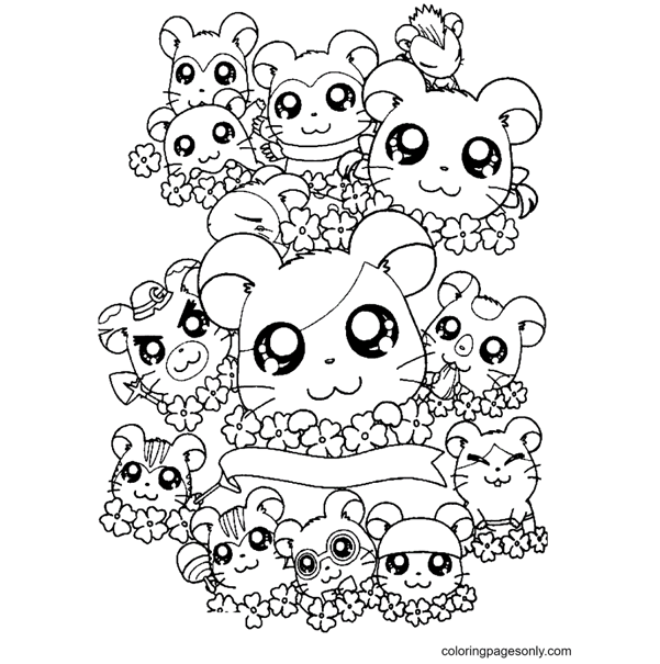 Hamsters around the flowers Coloring Pages