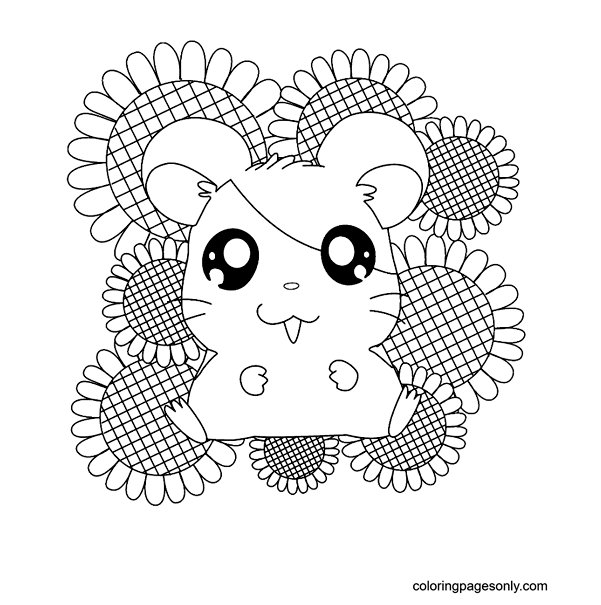 Happy Hamsters With Sun Flower Coloring Pages