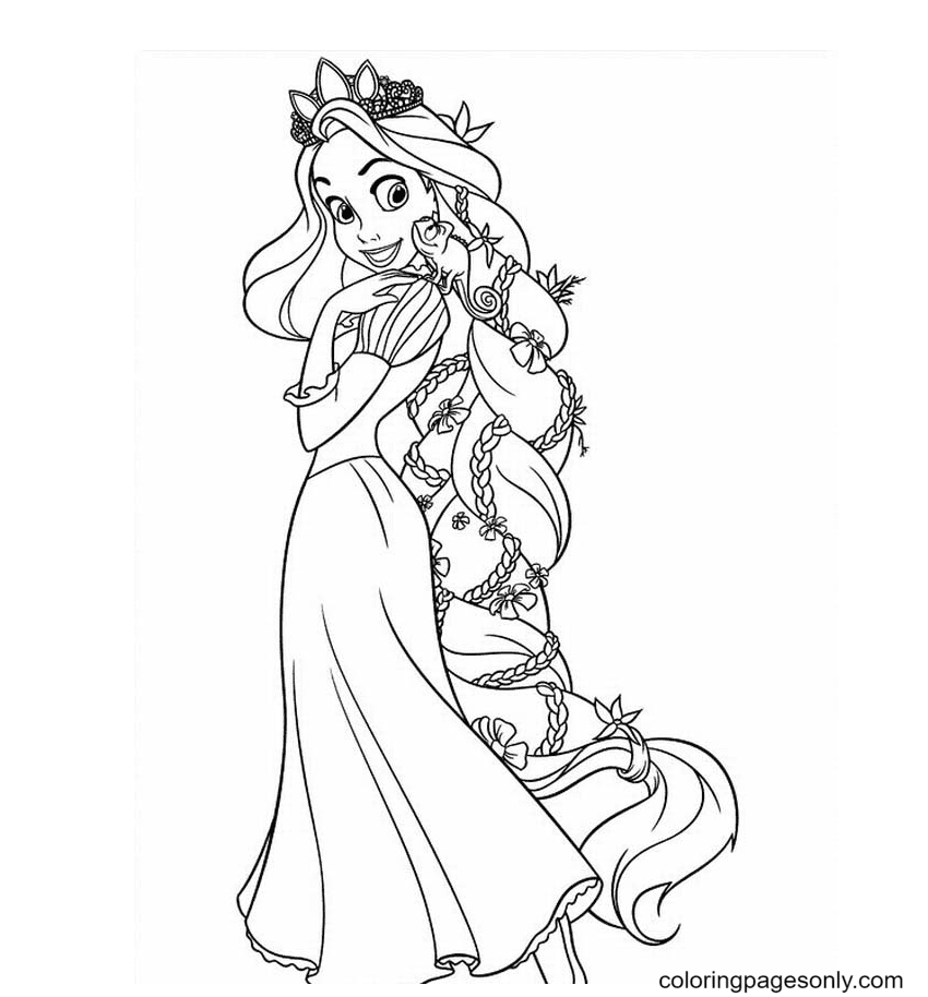 Pagina da colorare felice principessa Rapunzel