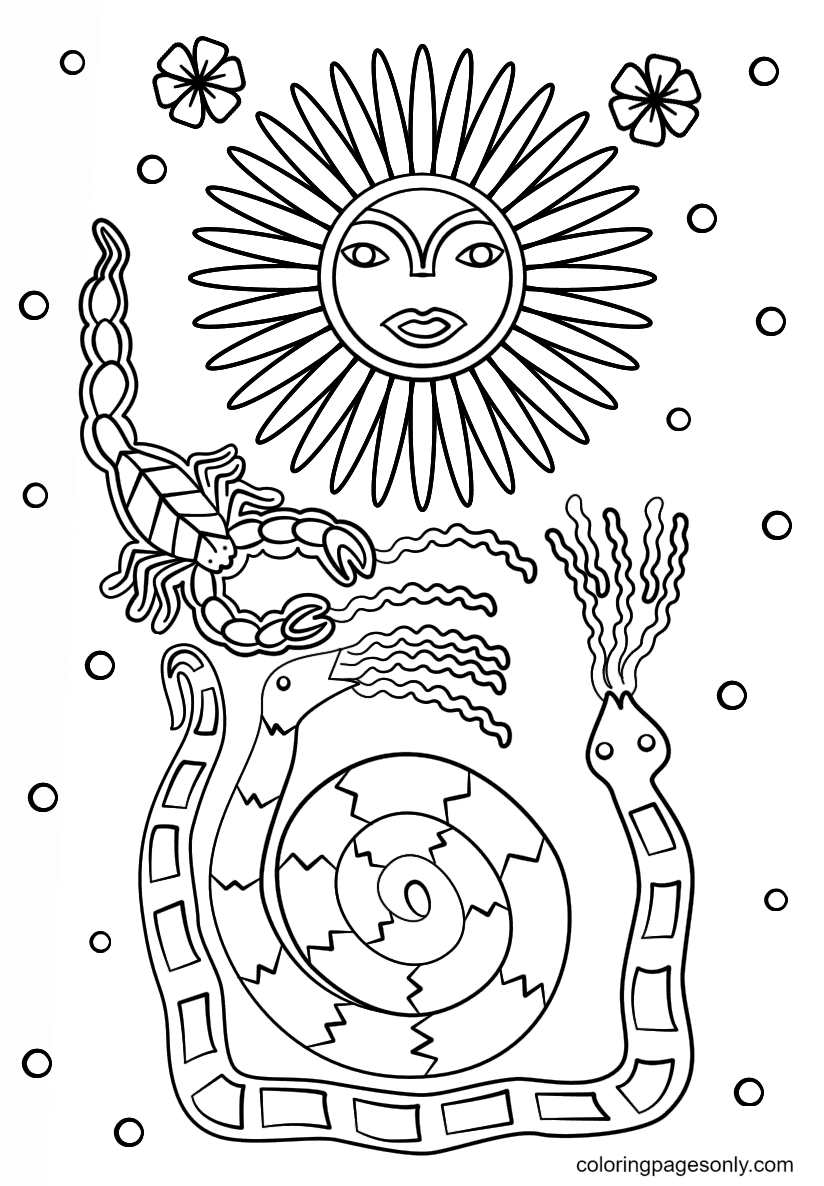 Huichol Art - Sun Scorpion And Snakes Coloring Pages