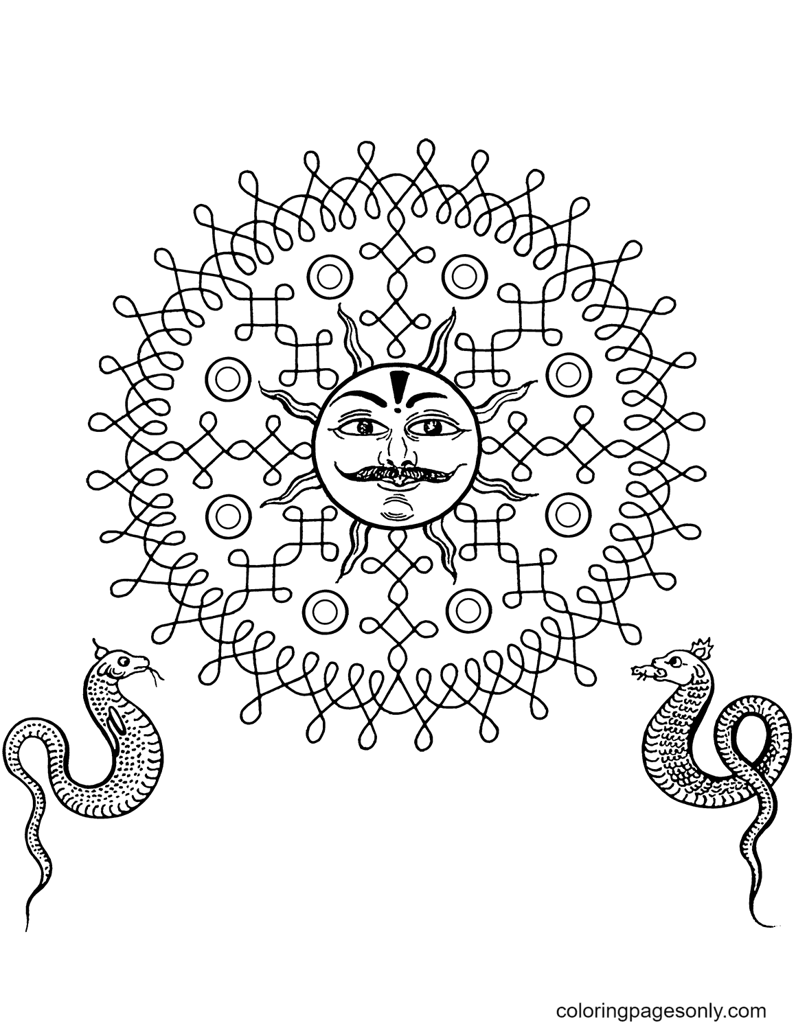 Indisch ontwerp met zon en slangen Kleurplaat