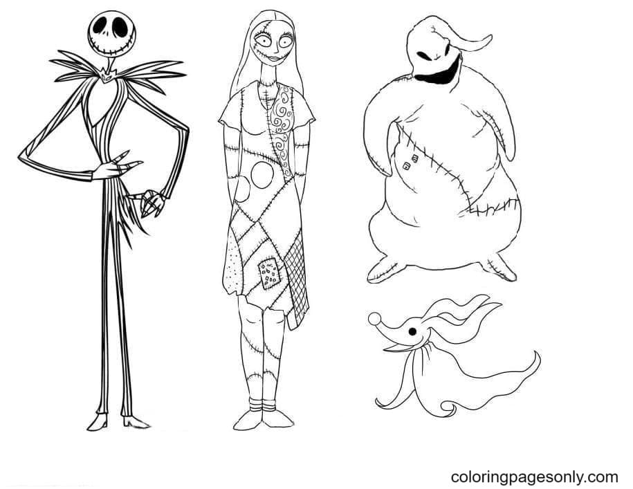 Jack Skellington, Sally, Zero and Oogie Boogie Coloring Page