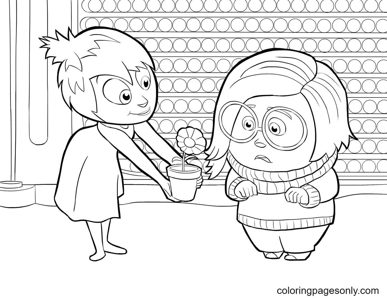 Joy gives flowers for Sadness Coloring Page