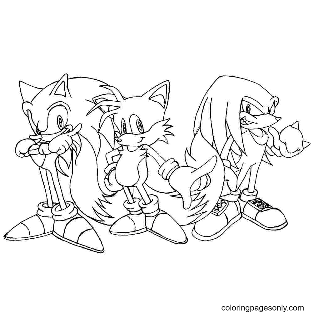 Dibujo para colorear de Knuckles, Sonic y Tails