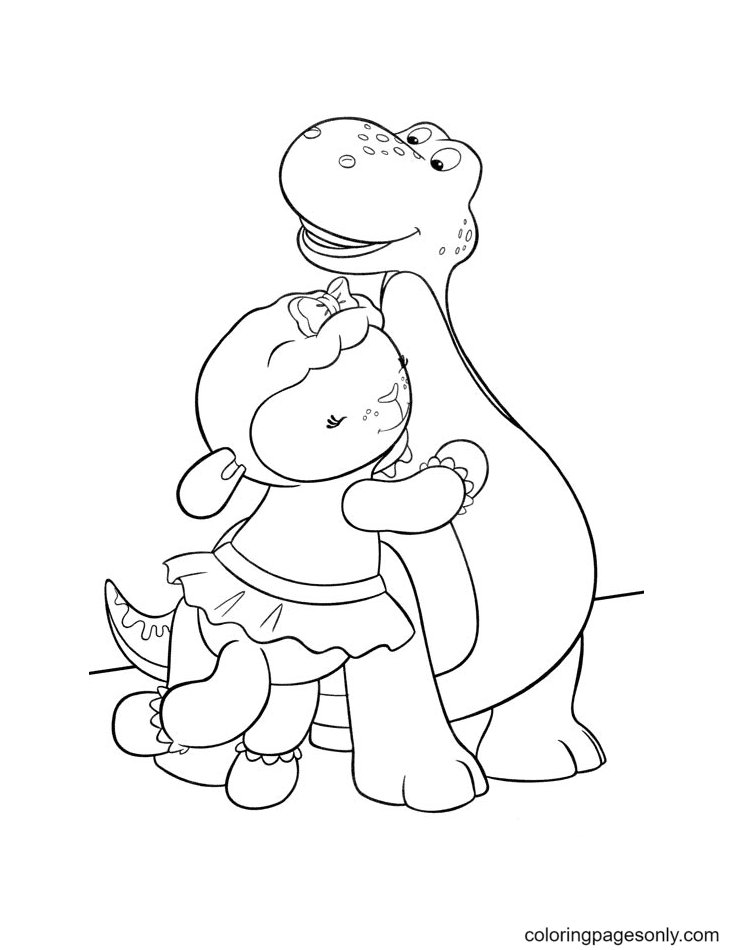 《Doc McStuffins》中的小羊兰比拥抱她的朋友恐龙布朗蒂