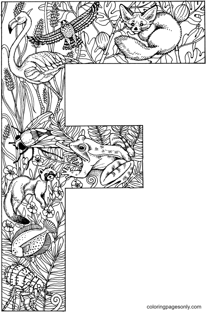 Letter F with Animals Coloring Page