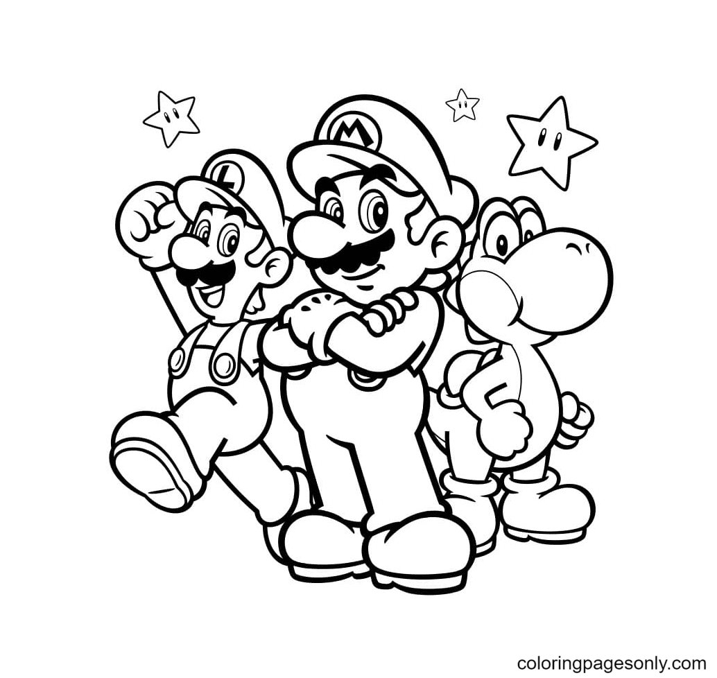 Desenho de Luigi, Mario e Yoshi para colorir