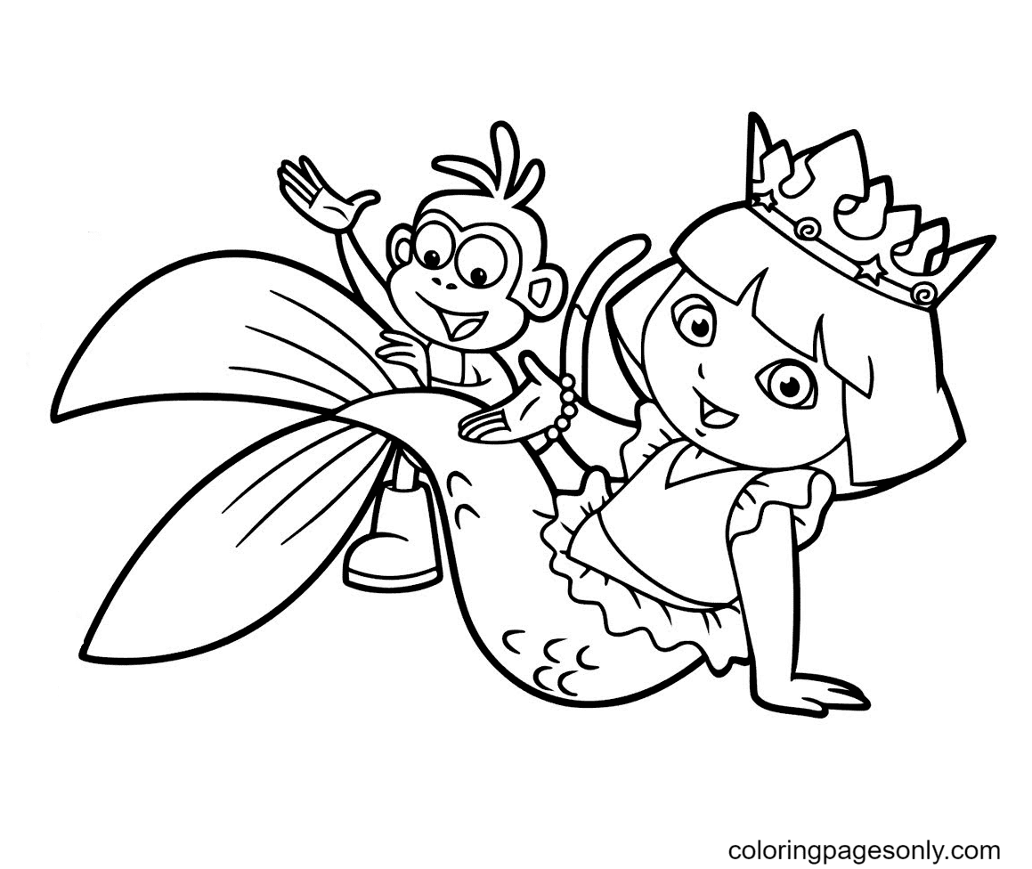 Mermaid Dora and Boots Coloring Page