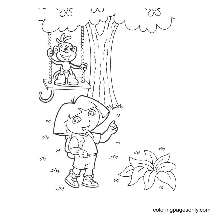 Monkey Boots sitting on swings Coloring Page