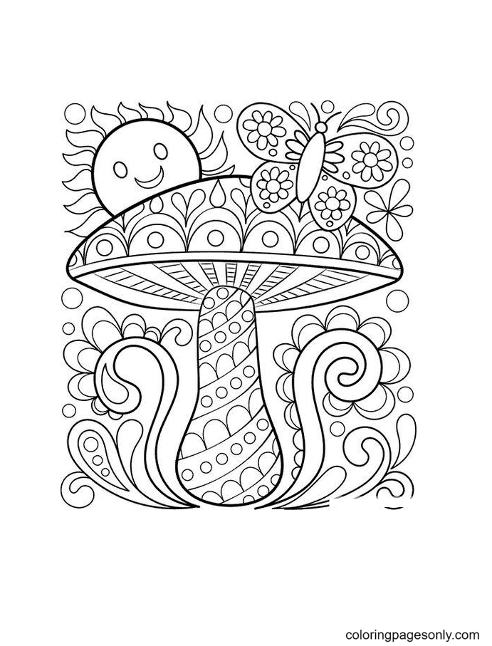 Mushroom, Sun and Butterfly Coloring Pages