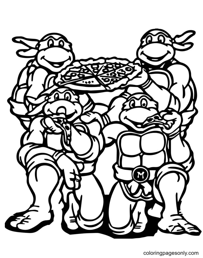 Coloriage tortue ninja mange pizza