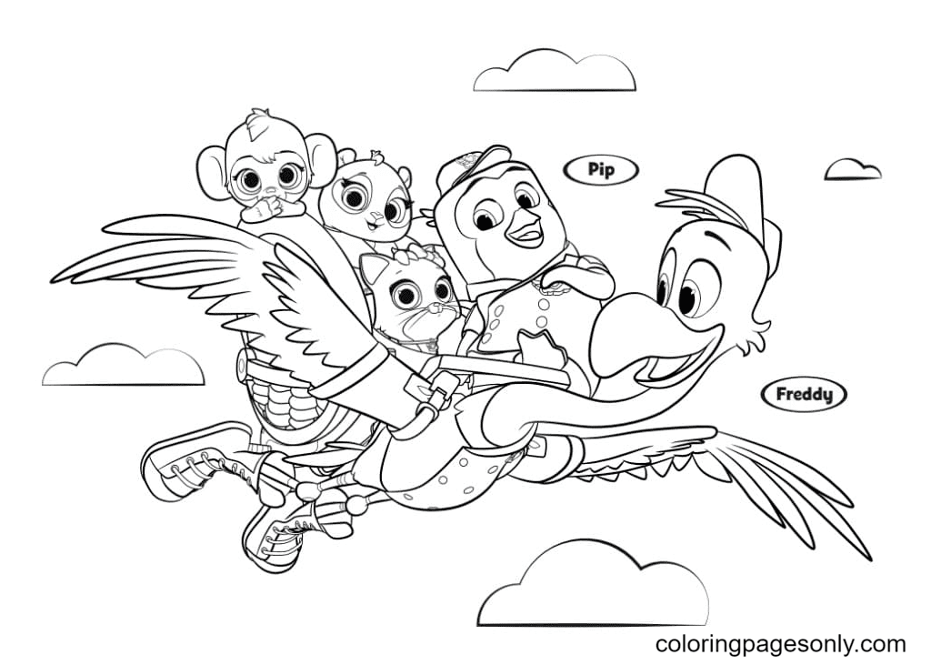 《TOTS》中的皮普、弗莱迪、米娅、佩吉和一只猴子