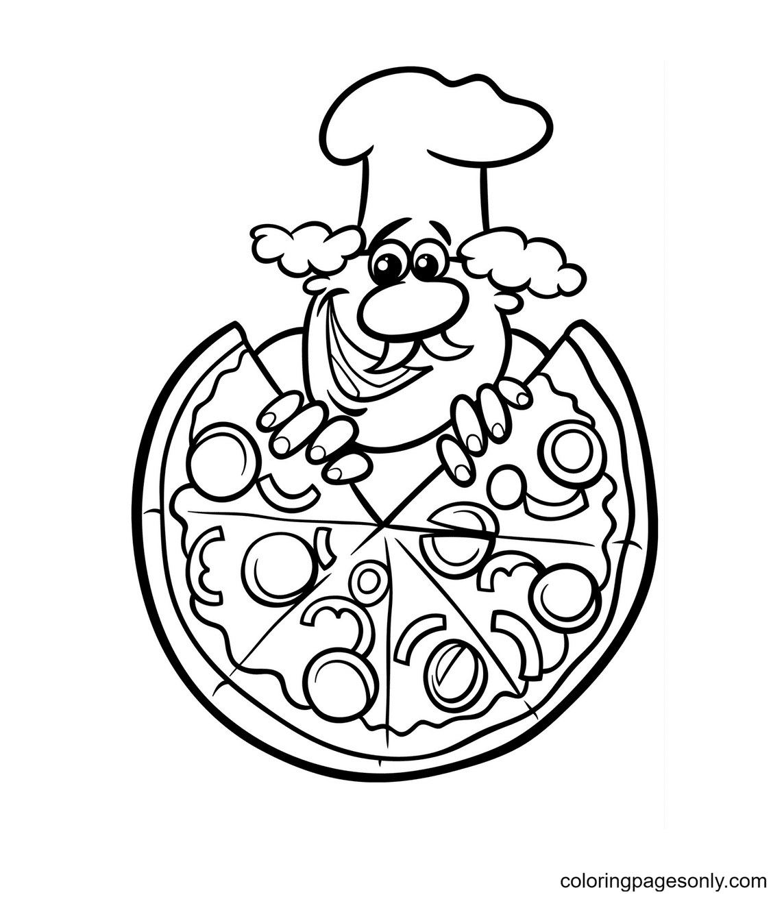 Página para colorear de pizza y chef