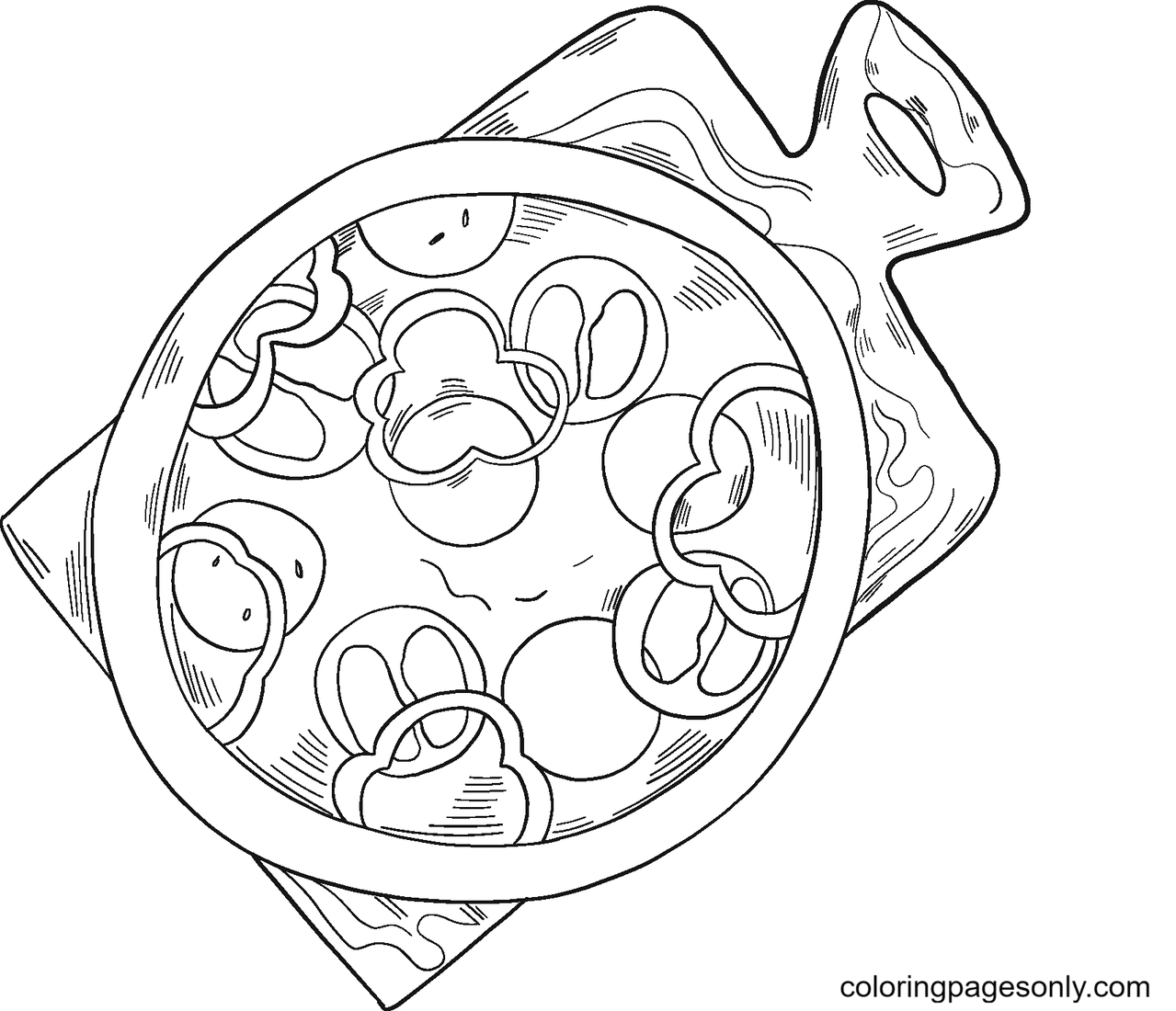 Pizza extremely tasty with pepperonis and vegetable Coloring Pages