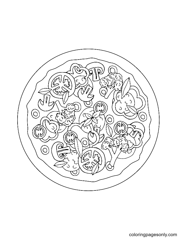 Pizza with mushrooms, tomatoes, bell peppers, cauliflower Coloring Page