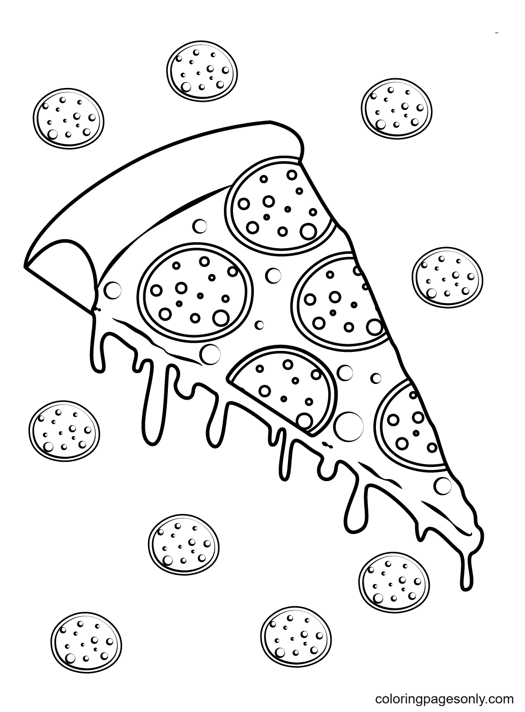 Pizza with pepperoni toppings and oozing melted cheese Coloring Page
