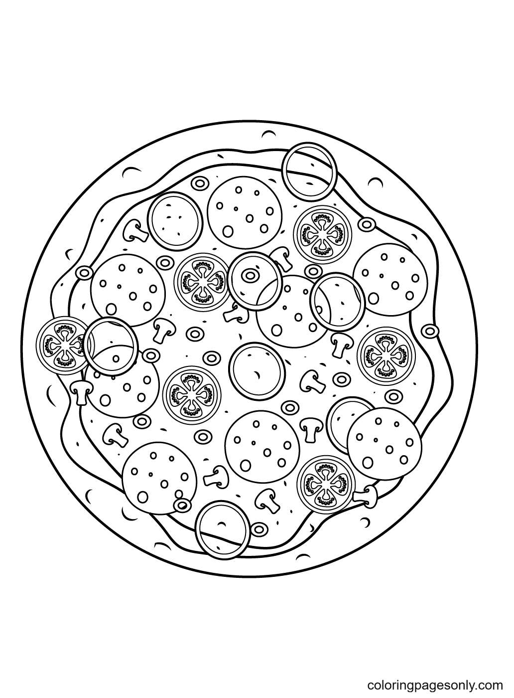 Раскраска Пицца с пепперони, луком, помидорами, грибами и оливками