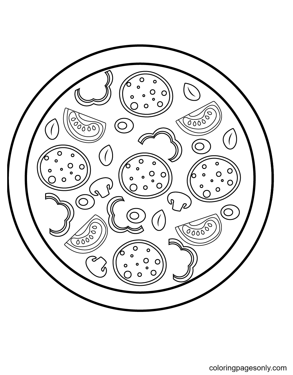 Pizza con peperoni, pomodori, olive, peperoni e funghi Pagina da colorare