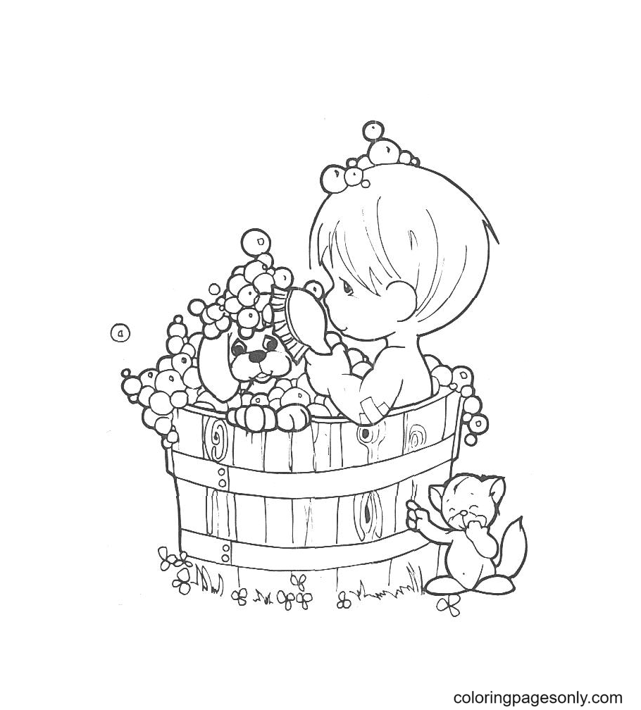 Precious Moment Boy Bathing with Puppy Coloring Page