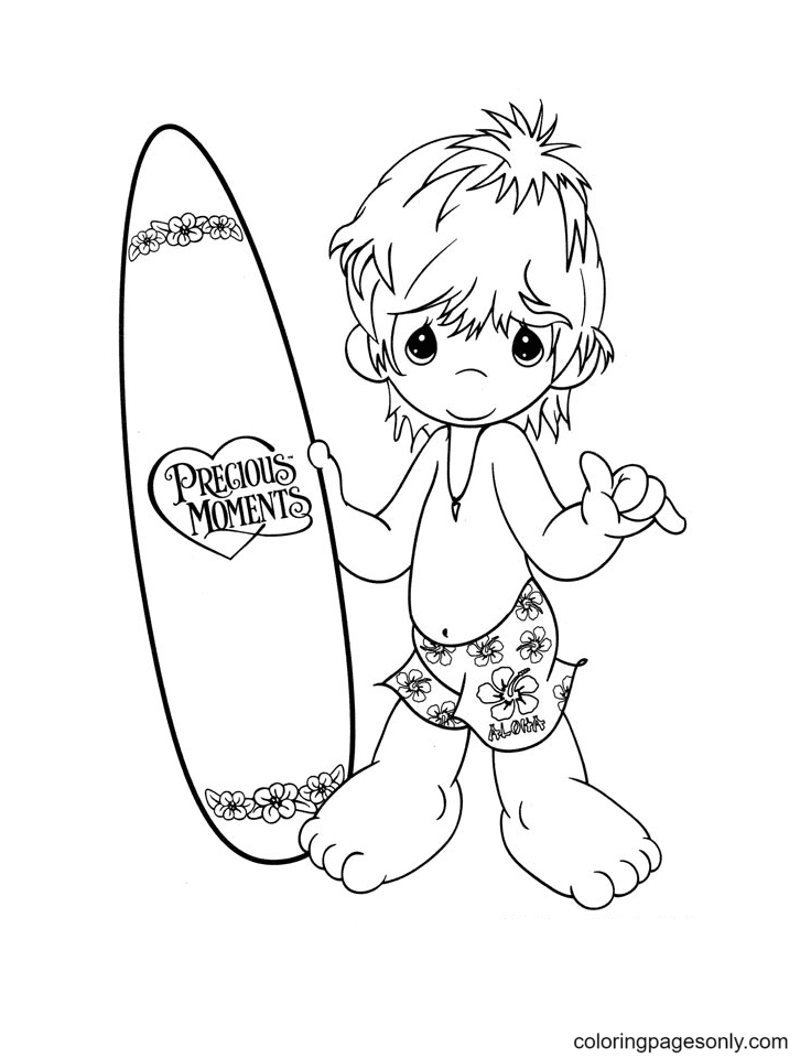 Momento precioso menino com página para colorir de prancha de surf