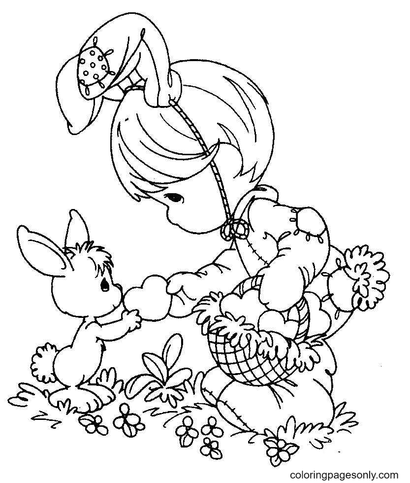 Precious Moment Girl Gives Heart to Baby Bunny Coloring Page