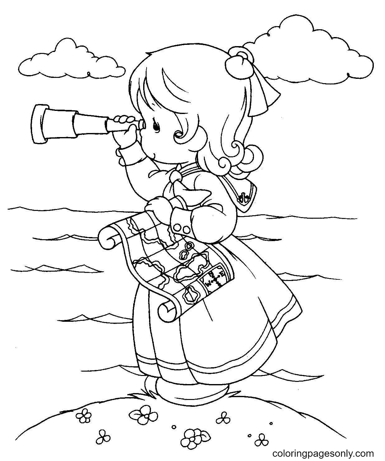Precious Moment Girl with Telescope Coloring Page