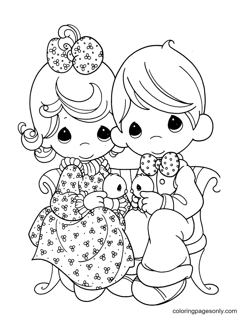 Precious Moment Little Boy and Girl Sitting Holding Two Baby Birds Coloring Page