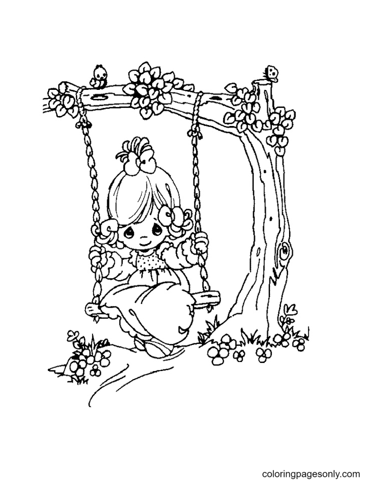Precious Moment Little Girl Sitting on a Swing Coloring Page