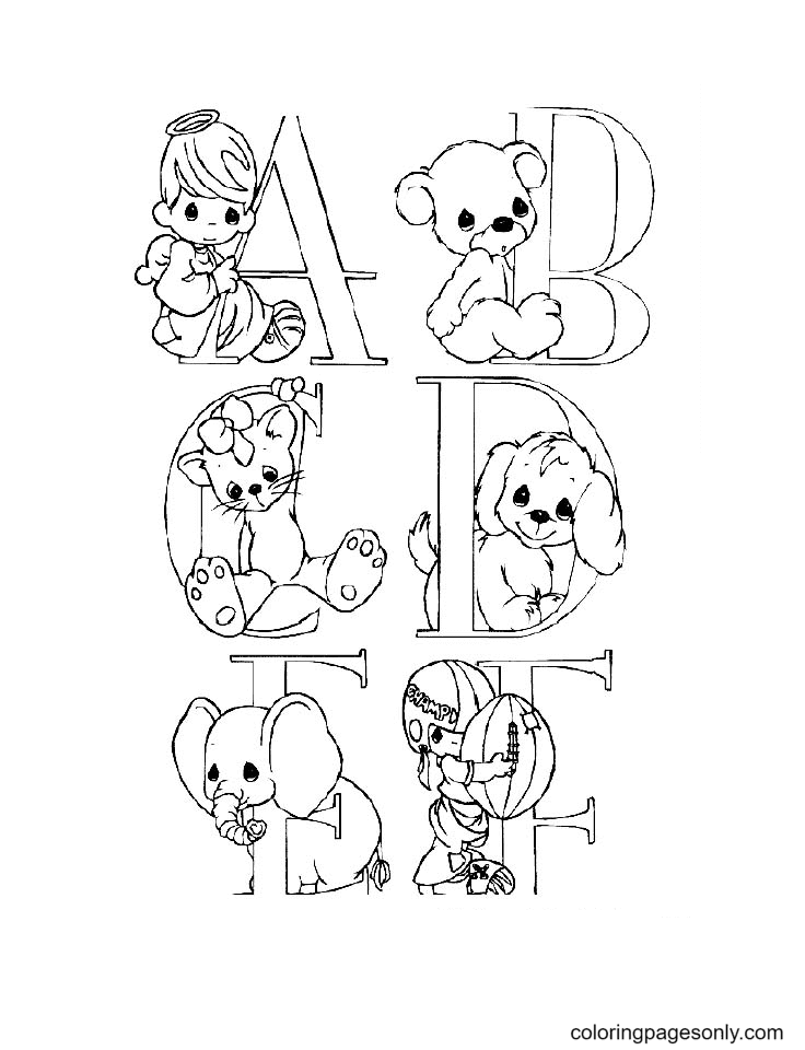 Precious Moments Alphabet ABCDEF Coloring Page