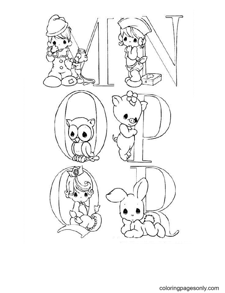 Precious Moments Alphabet MNOQR Coloring Pages