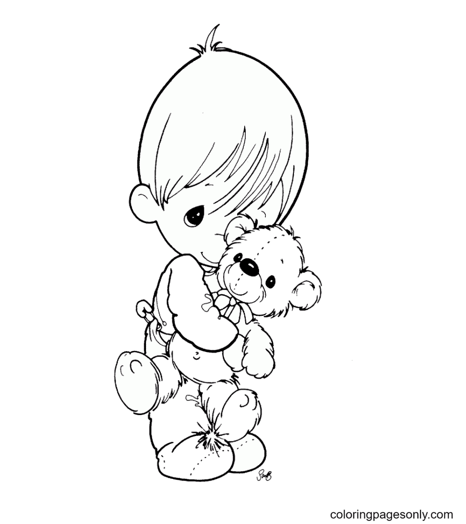 Precious Moments Boy Hugging Teddy Bear Coloring Page