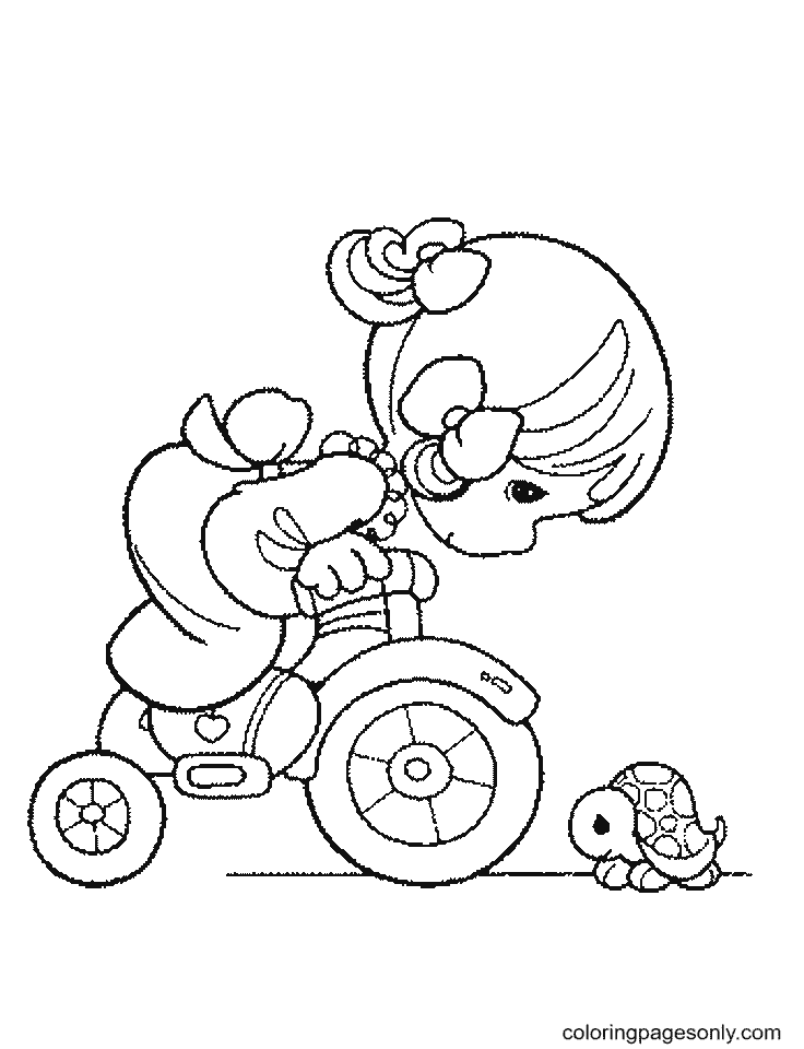 Momento precioso menina de bicicleta e bebê tartaruga para colorir