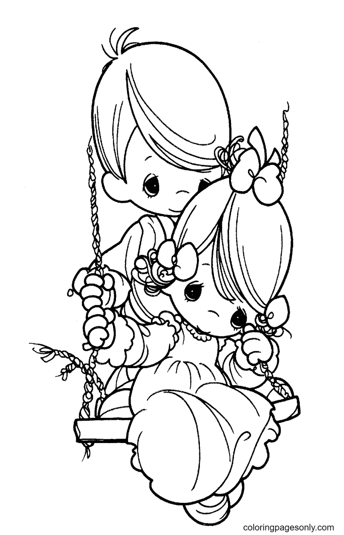 Precious moment Little Boy and Girl playing Swing Coloring Page