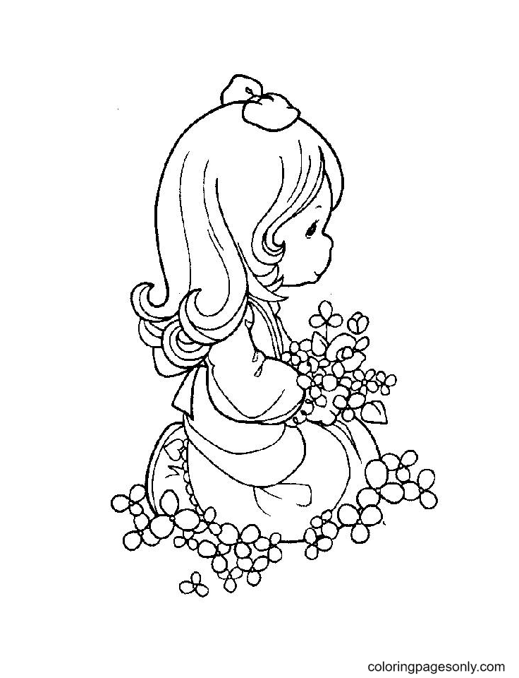 Precious moment Little Girl Holding Flowers Coloring Page