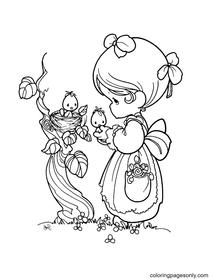 Precious moment Little Girl and Two Baby Birds Coloring Page