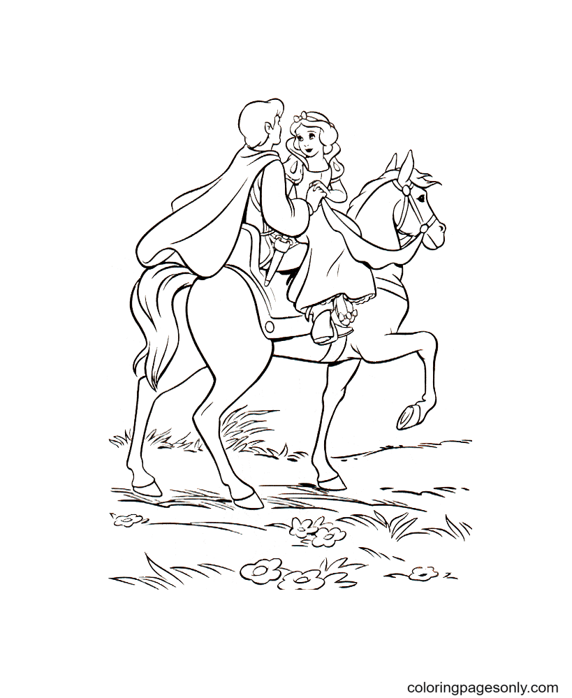 Prince and Snow White Riding a Horse Coloring Pages
