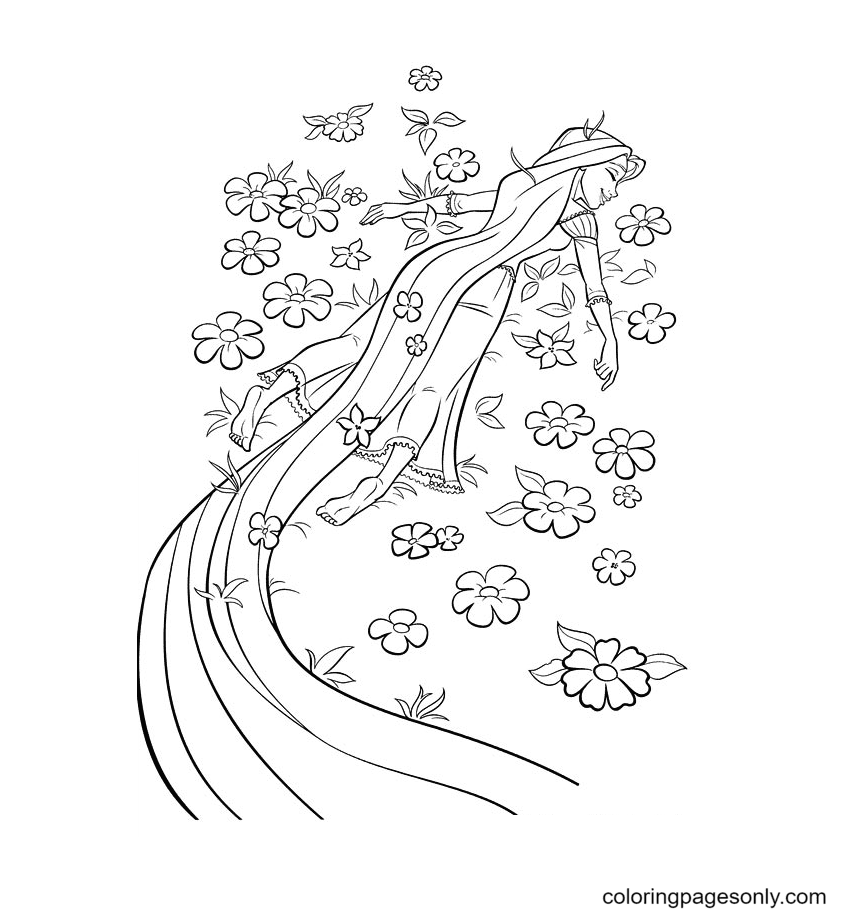 Rapunzel sdraiata sui fiori di Tangled