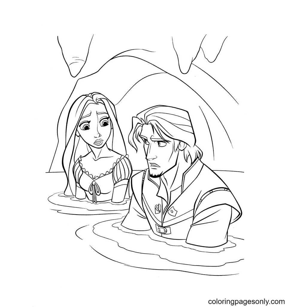 Rapunzel and Flynn in a Cave Coloring Page - Free Printable Coloring Pages