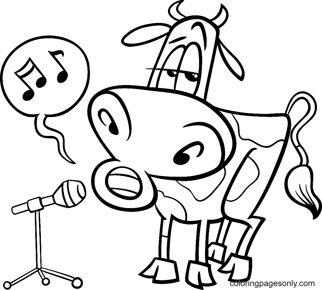 Página para colorear de dibujos animados de vaca cantando