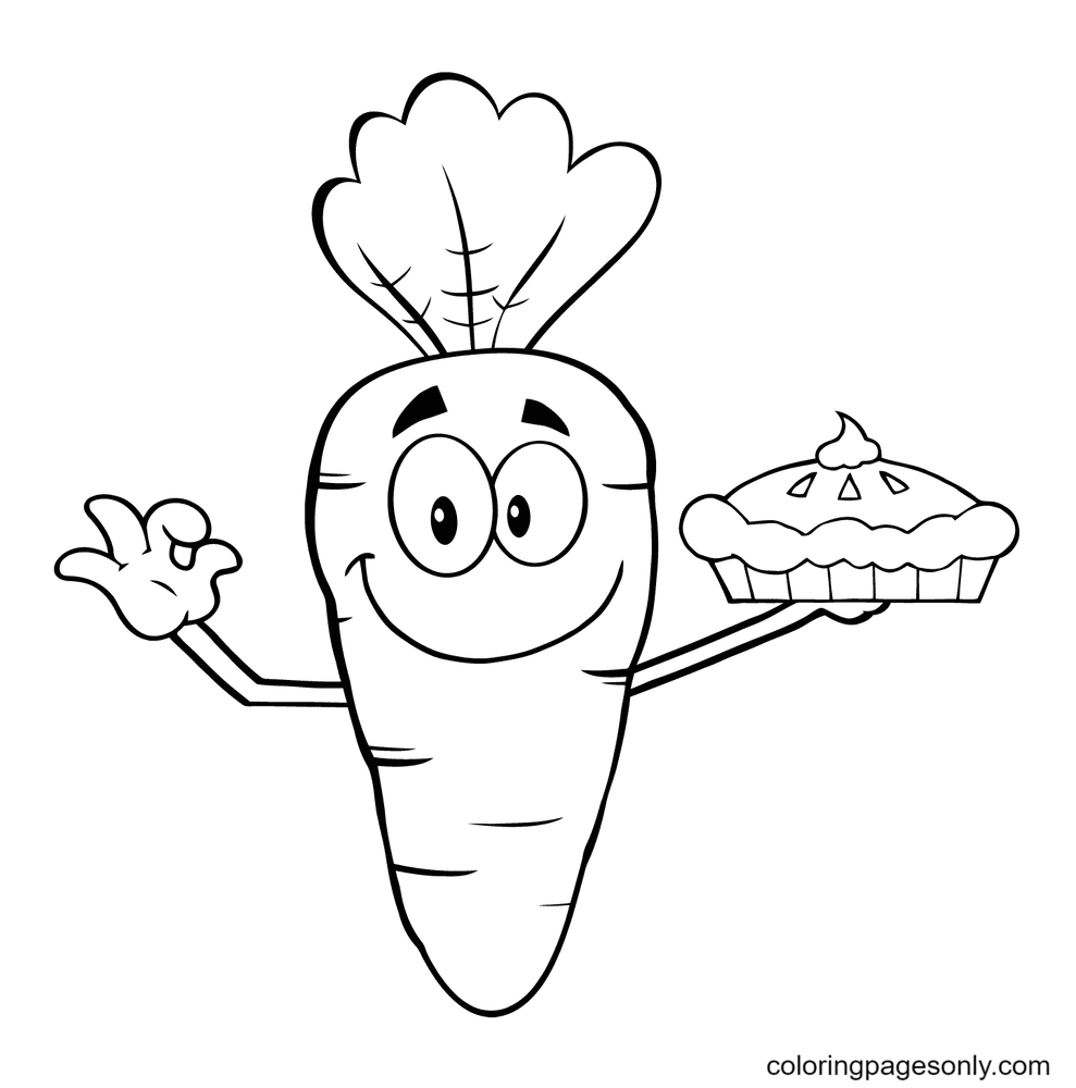 Smiling Cartoon Carrot Holding up a Pie Coloring Page