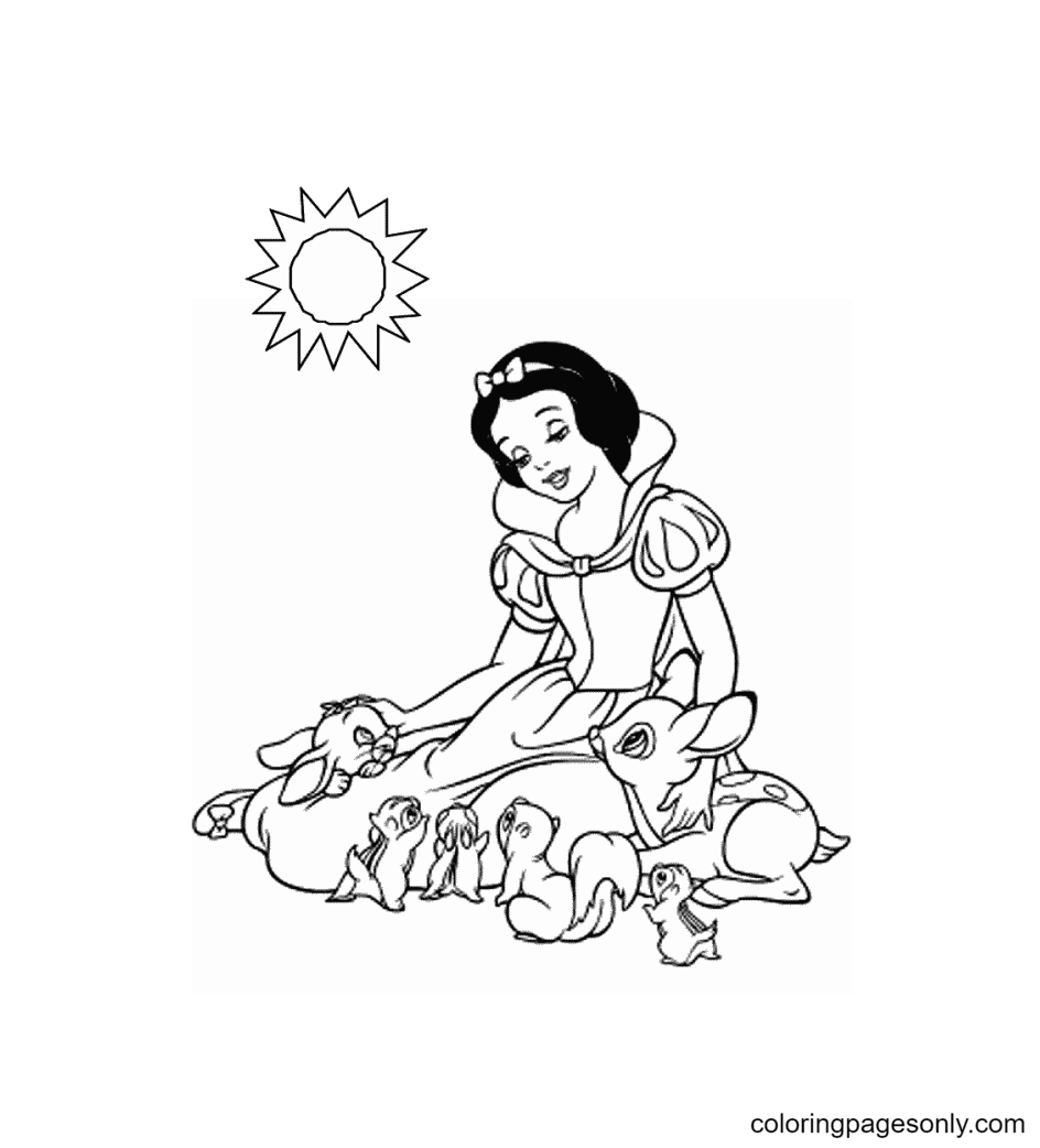 Snow White Is Playing With The forest animals Coloring Page