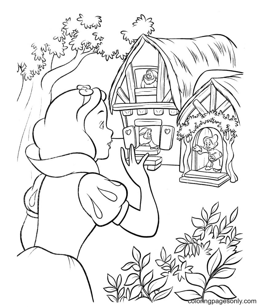 Snow White goes to the House of the Seven Dwarfs Coloring Pages - Snow