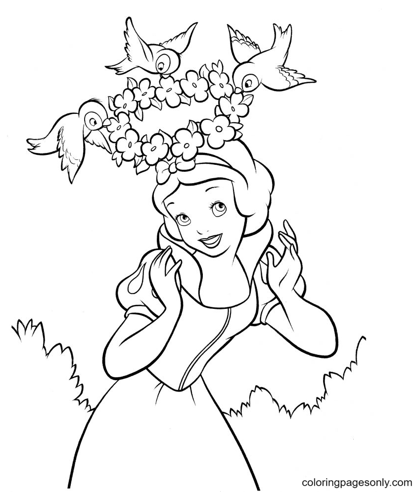 Snow White plays happily with the birds Coloring Page