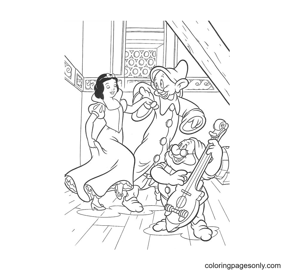 Snow White sings and dances with the two dwarves Coloring Pages